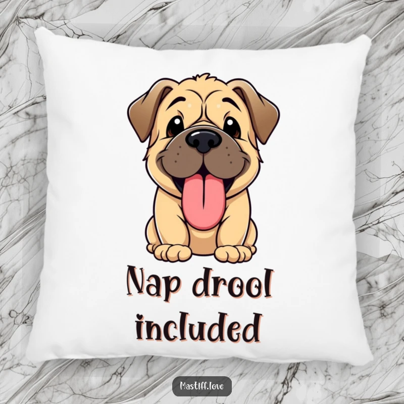 Funny pillow showing a kawaii Mastiff puppy panting with a giant, joyful, oversized tongue hanging out.