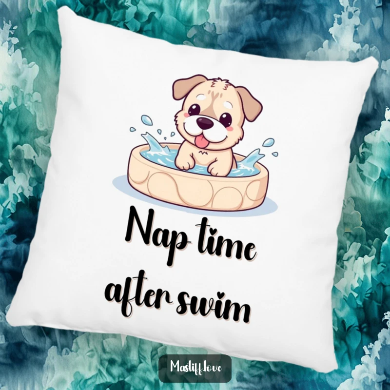 Funny Pillow adorned with a kawaii mastiff dog joyfully splashing in a pool, bringing a sense of fun and playfulness.