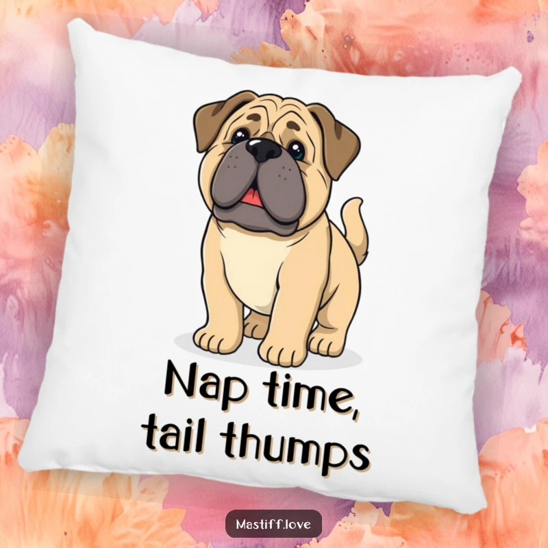 Funny mastiff puppy with droopy ears and a wagging tail, featured on a comfortable pillow for cozy home decor.