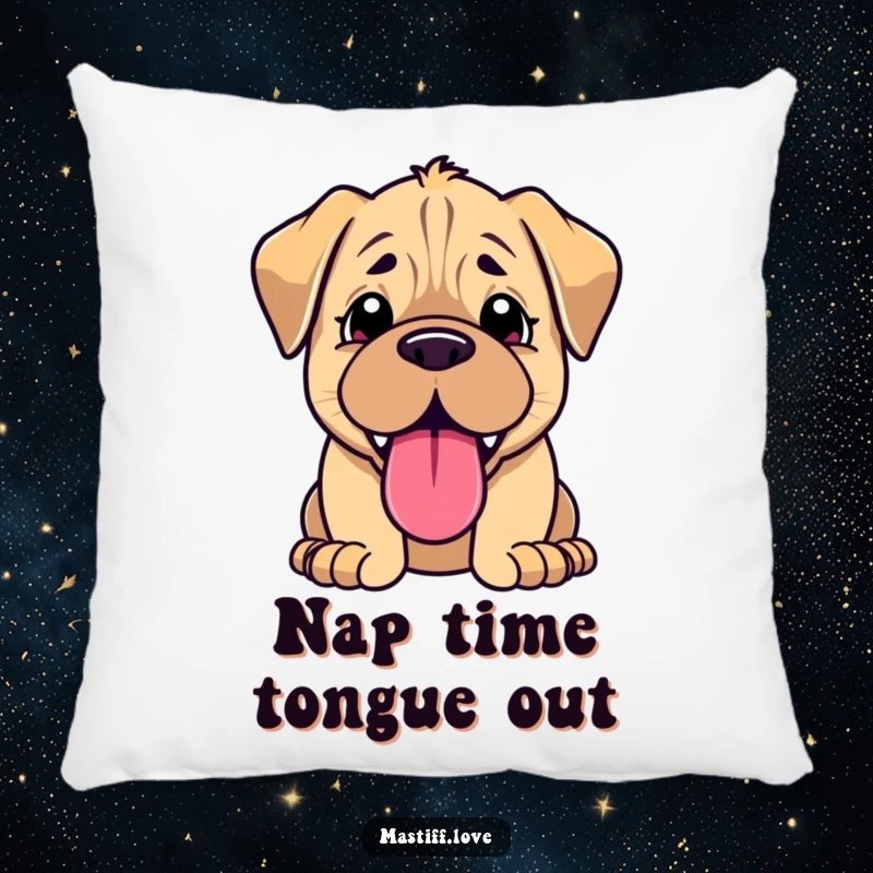Funny kawaii mastiff puppy pillow, an adorable dog resting with its huge, happy tongue out, perfect for dog lovers.
