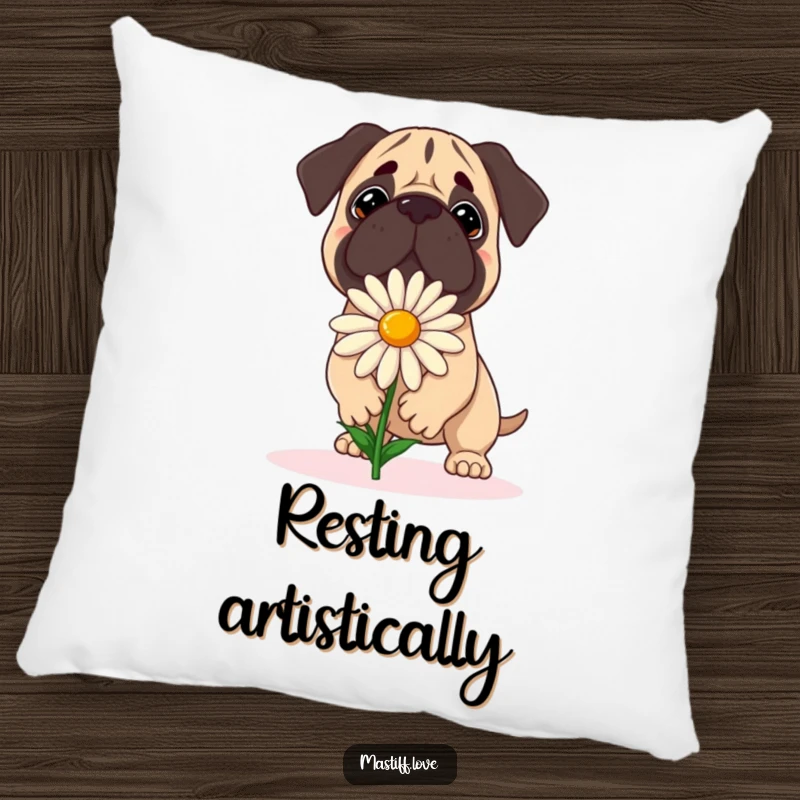 Funny Mastiff Pillow: A dog attempts to balance a large daisy with a focused expression, a soft and humorous addition.