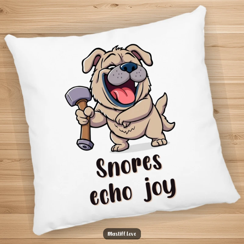 Funny Jovial Mastiff Pillow displaying a happy dog roaring with laughter while holding a giant squeaky hammer with a gleeful, joyful expression.