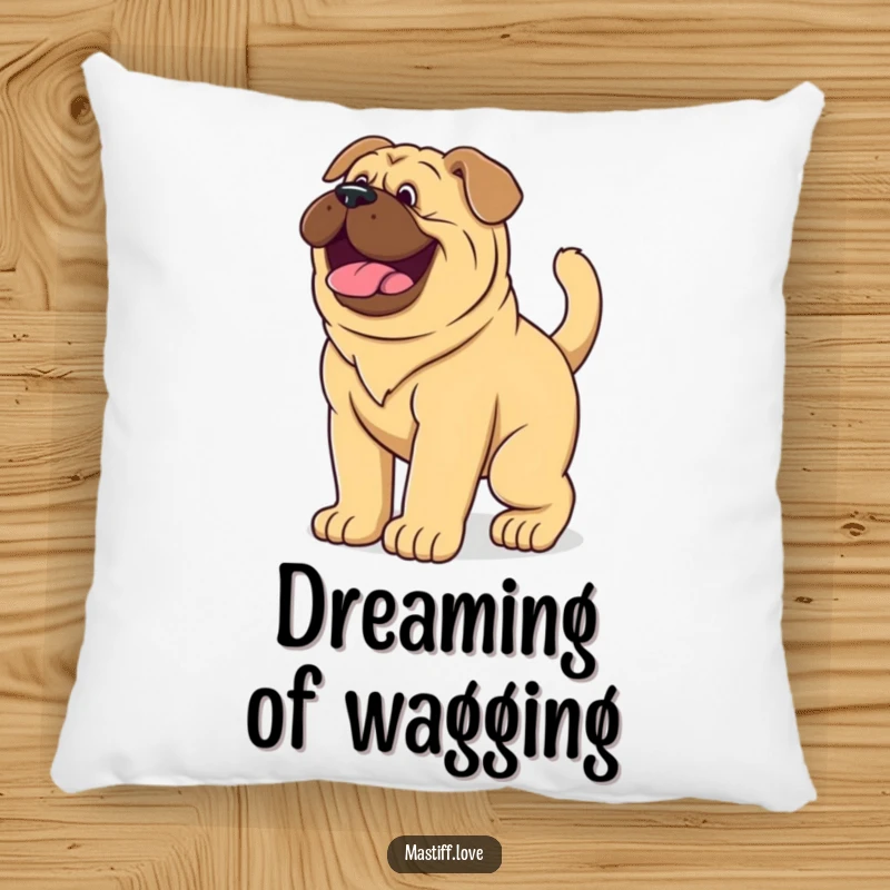 Funny Pillow featuring a giant mastiff puppy wagging its tail vigorously, perfect for adding happy dog humor.