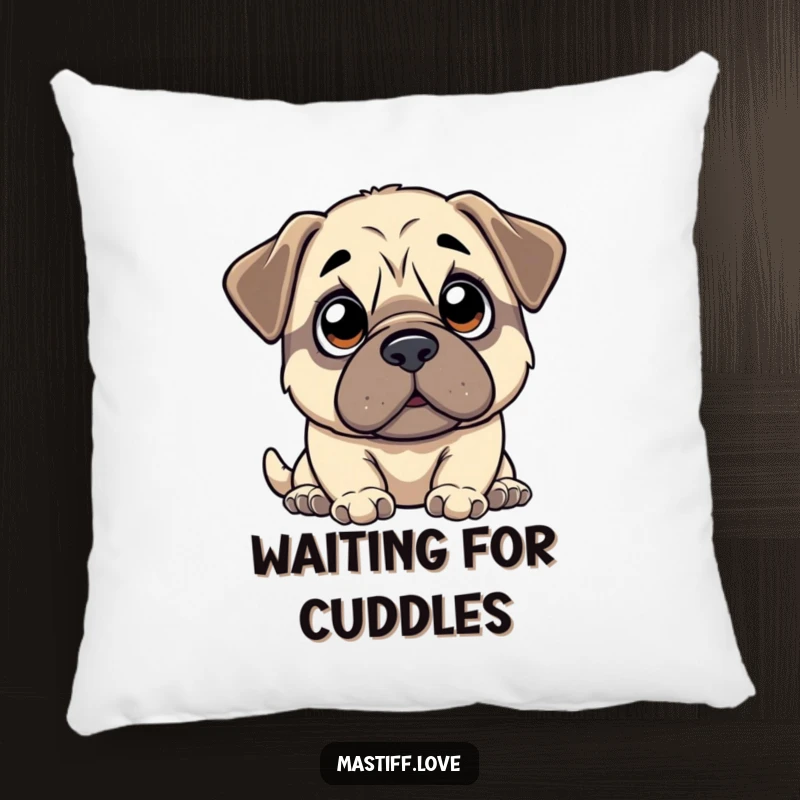 Funny kawaii mastiff pillow with wide, innocent eyes looking up with anticipation, providing comfort and adorable charm.