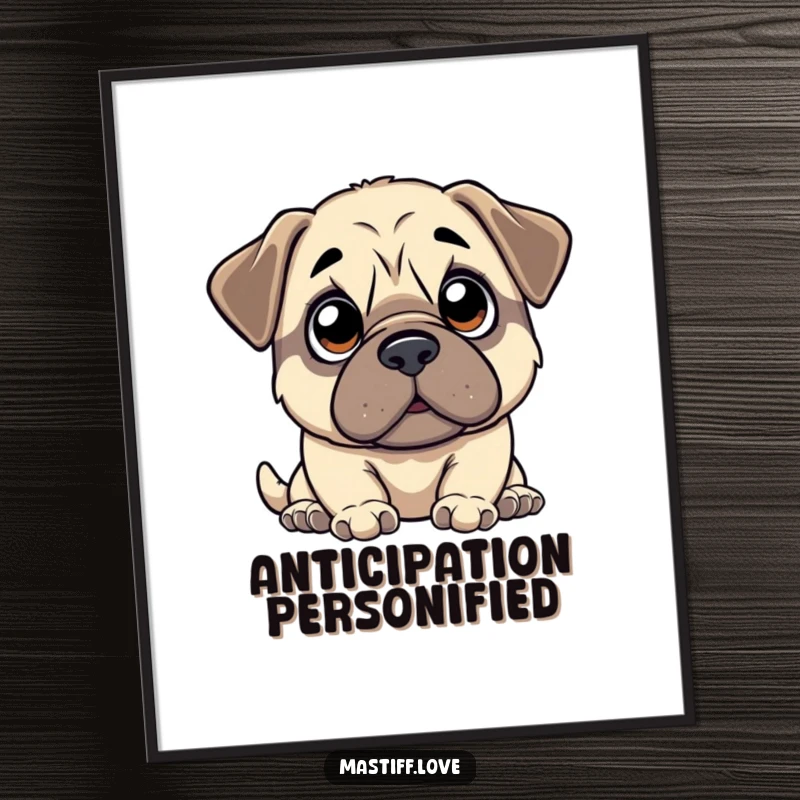 Funny kawaii mastiff digital art print featuring a cute mastiff with wide, innocent eyes looking up with anticipation, perfect for charming decor.