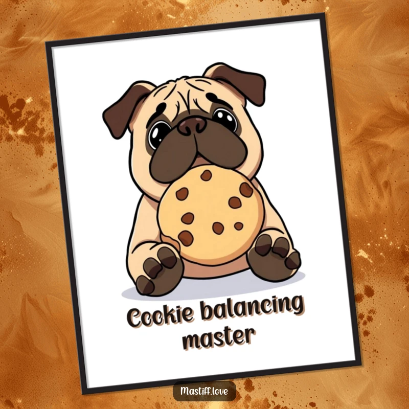 Funny kawaii mastiff digital art print, a cute dog intensely focused on balancing a giant cookie on its nose.