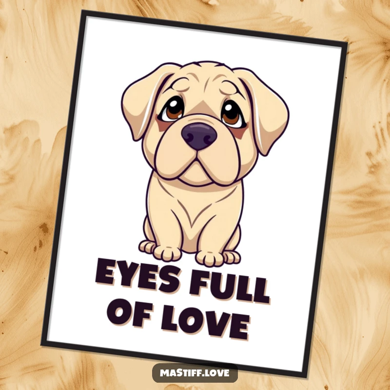 Funny mastiff digital art print of a gentle dog with droopy eyes looking up with adoration, offering instant, heartwarming, and humorous decor.