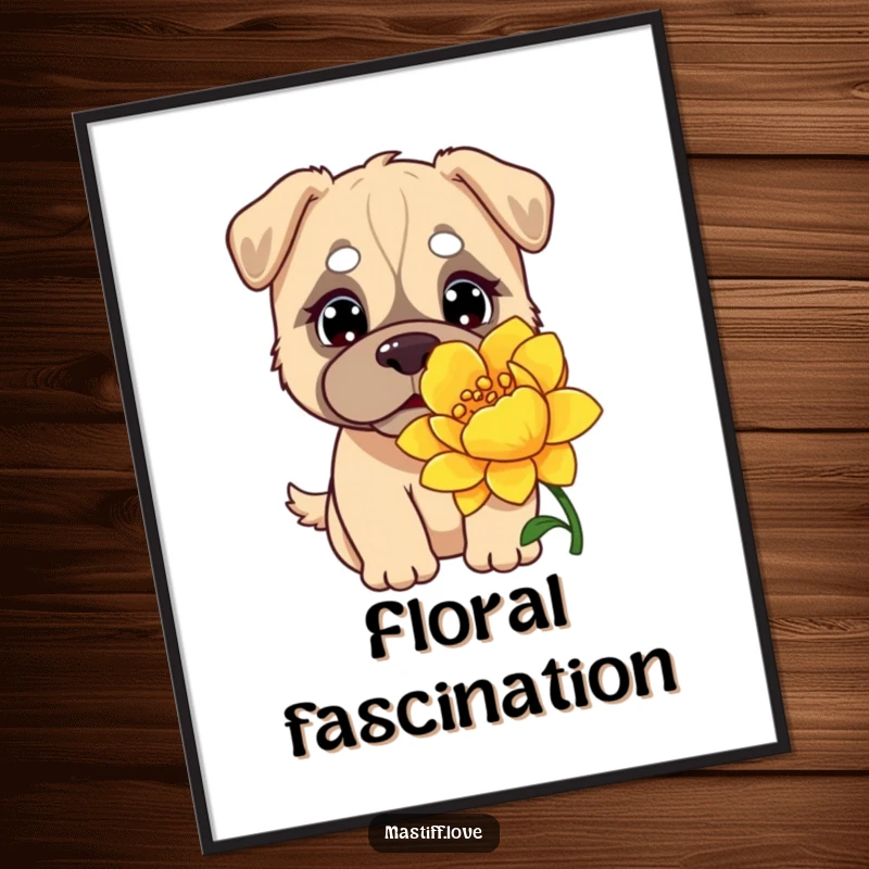 Funny Kawaii Mastiff Digital Art Print: A curious mastiff with innocent eyes, exploring the scent of a comically large, vibrant flower.