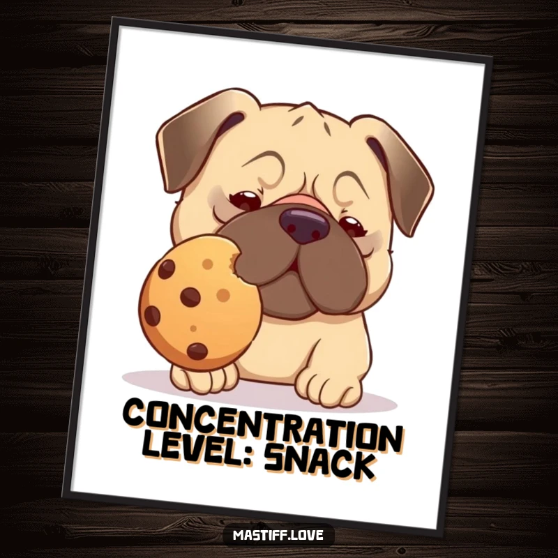 Funny kawaii mastiff cookie digital art print, a dog concentrating to balance a giant cookie on its nose, humorous decor.