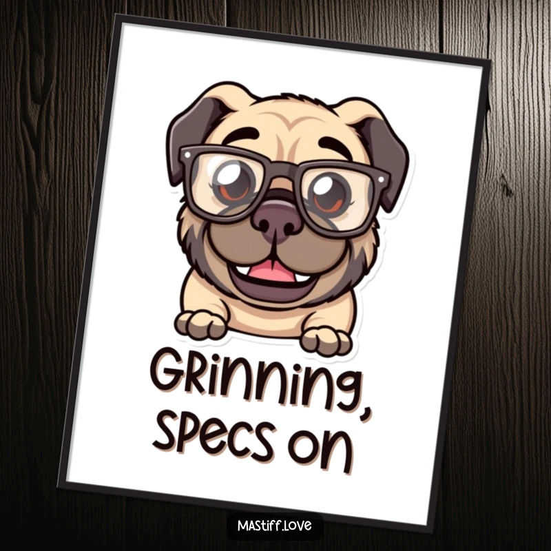 Funny Kawaii Mastiff Digital Art Print: Art of a mastiff with a goofy grin wearing oversized, comical glasses.