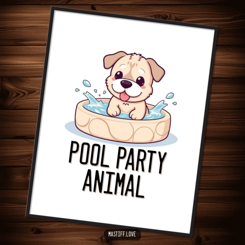 Funny Digital Art Print of a kawaii mastiff dog joyfully splashing water in a small pool, capturing a moment of pure canine happiness.