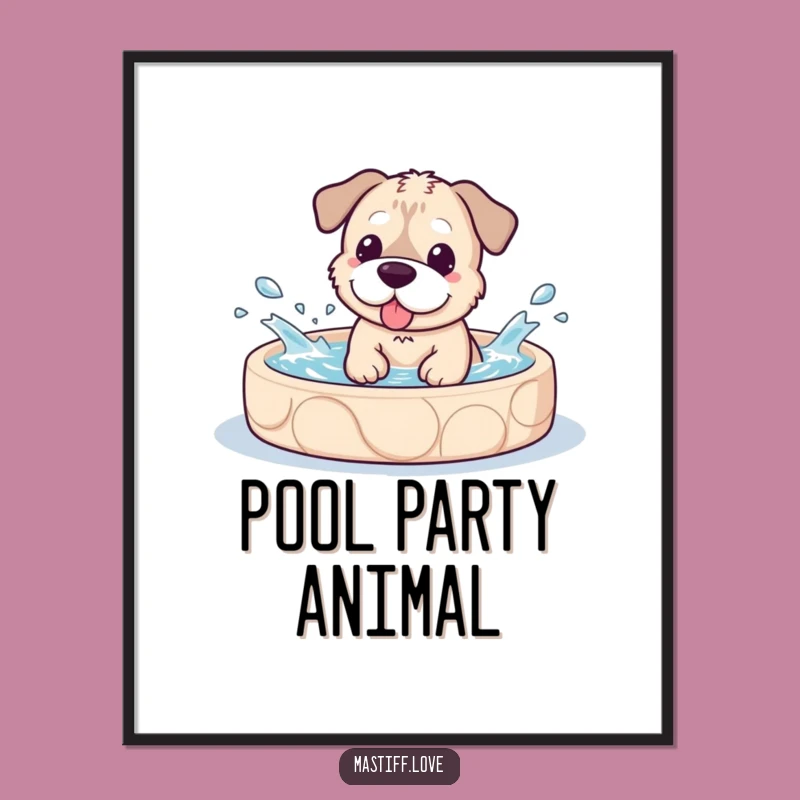 Funny Kawaii Mastiff Pool Splash Art Print, Cute Dog Decor Gift