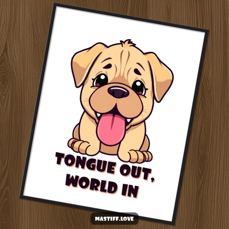 Funny kawaii mastiff puppy digital art print, a silly dog panting with a giant, happy tongue, great wall decor.