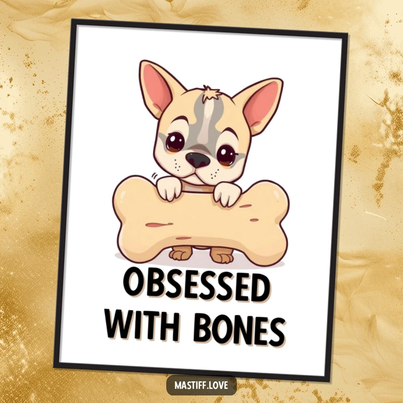 Funny digital art print of a small mastiff peeking from behind a giant bone, offering instant humorous and adorable wall decor.