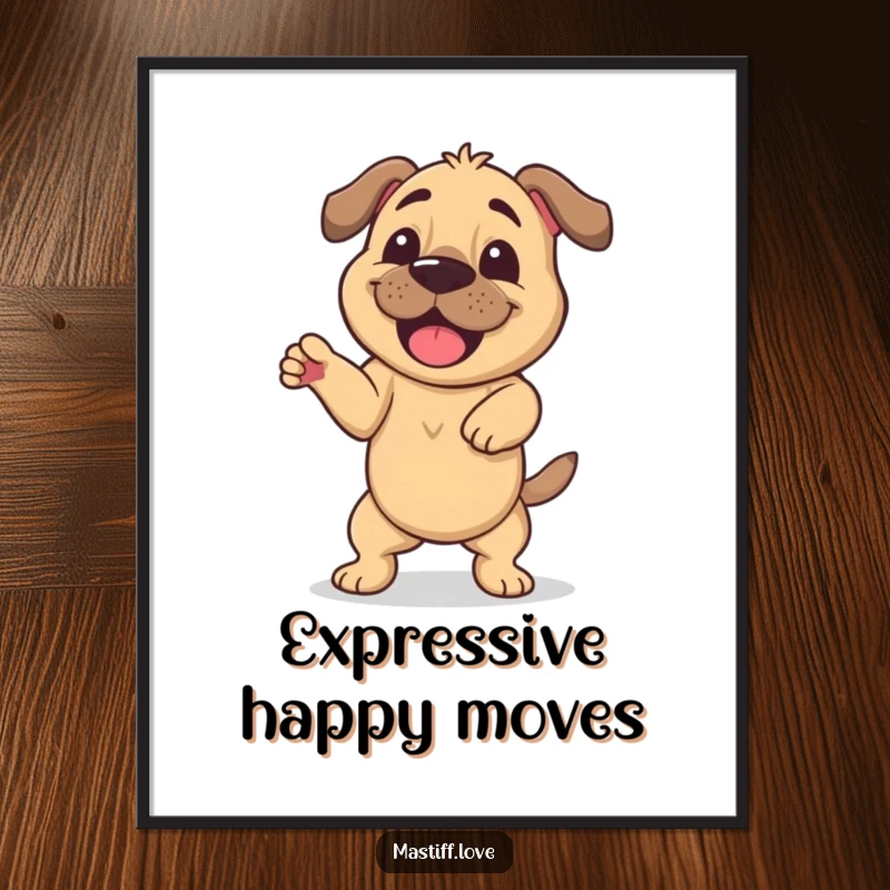 Funny digital art print of a happy mastiff doing a silly, wiggling dance, offering instant humorous and energetic wall decor.