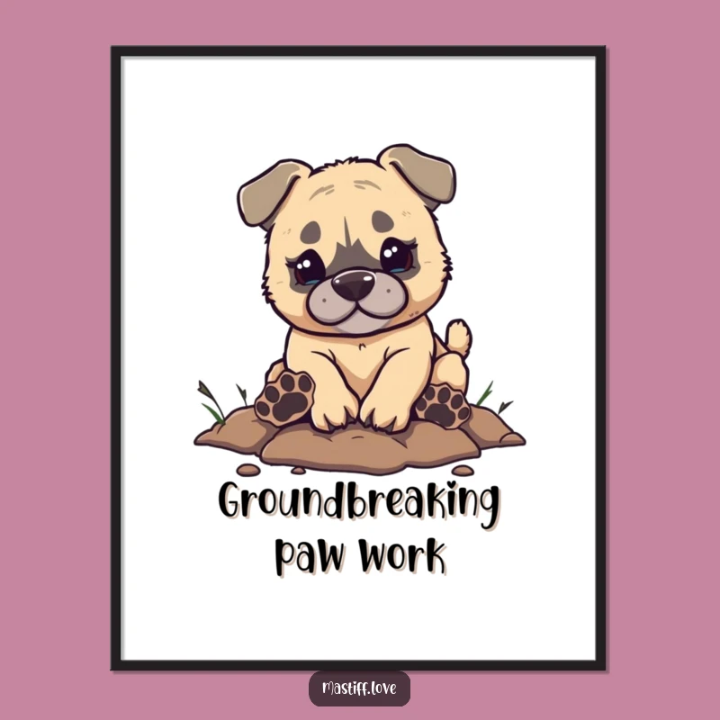 Funny Mastiff Digging Digital Art Print - Adorable Puppy Paw Prints Decor
