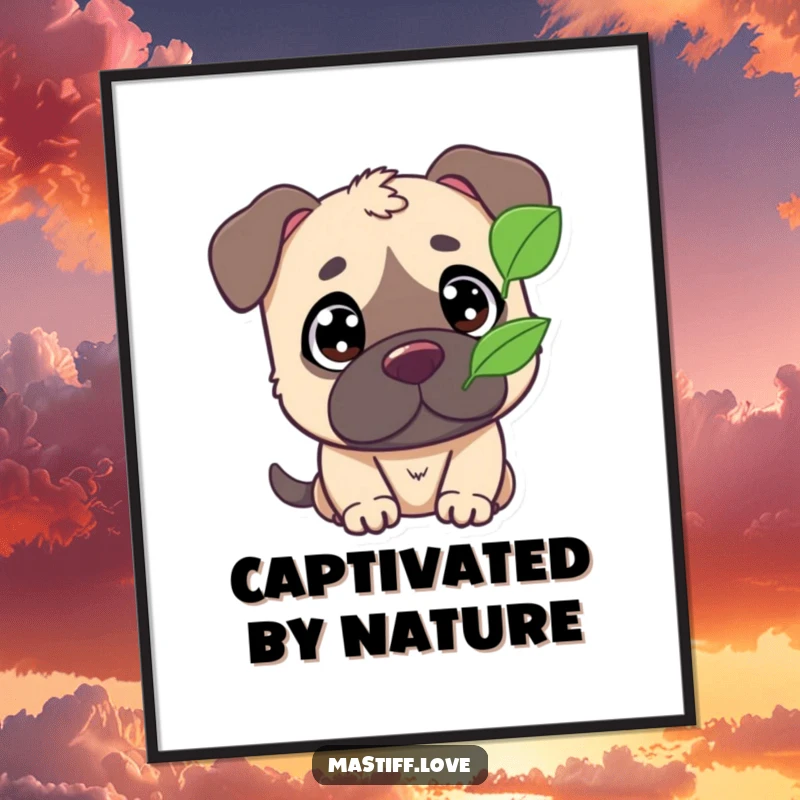 Funny digital art print of a cute mastiff character with wide eyes, gazing intently at a single fluttering leaf.