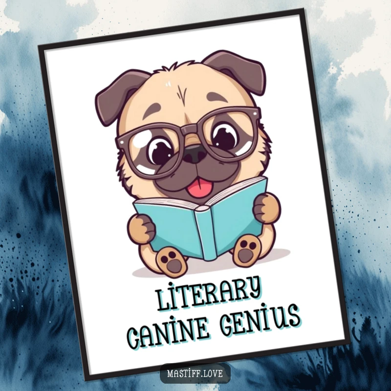 Funny Mastiff Digital Art: A delighted dog in glasses reads, a whimsical and humorous printable for wall decor.