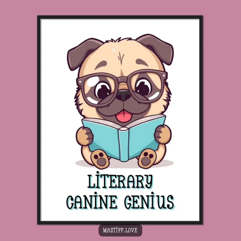 Funny Mastiff Digital Print: Delightful Spectacled Dog Reading Art Gift