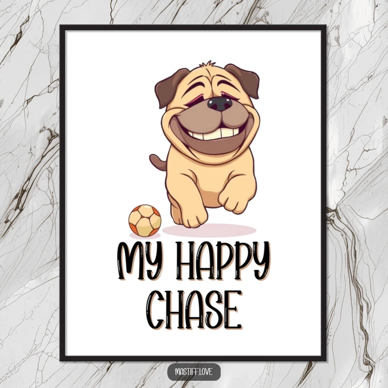 Funny Mastiff digital art print capturing a dopey dog's grin while playfully chasing a tiny ball, ideal for whimsical wall decor.