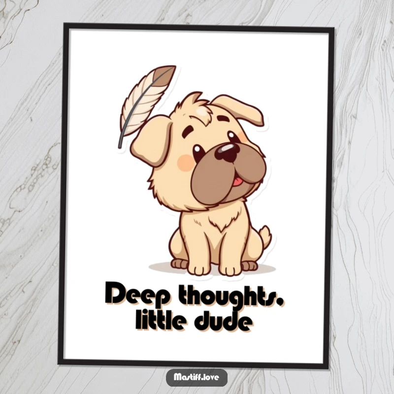 Funny Digital Art: A curious mastiff tilts its head at a floating feather. A downloadable, humorous artwork for thoughtful moments.