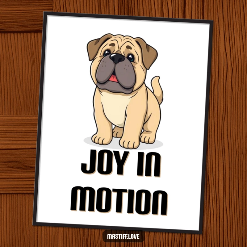 Funny giant mastiff puppy with droopy ears and a wagging tail, available as a digital print for instant, heartwarming decor.