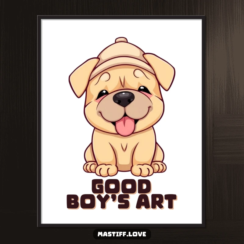 Funny Mastiff Puppy Digital Art: a cute mastiff puppy wearing a hat, giving a lick, a digital download for instant cheerful decor.