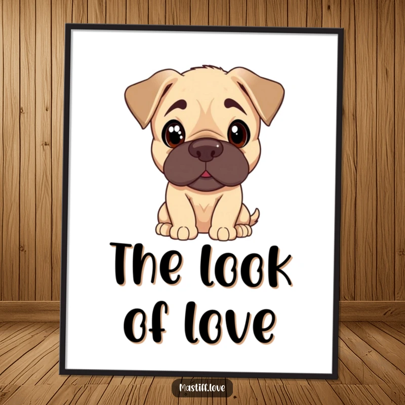 Funny Mastiff puppy digital art print showing a cute dog tilting its head with curious, pleading eyes, great wall decor.