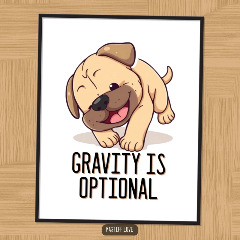 Funny Mastiff puppy digital art print showing a small dog comically tumbling head over paws with a happy smile, perfect wall decor.