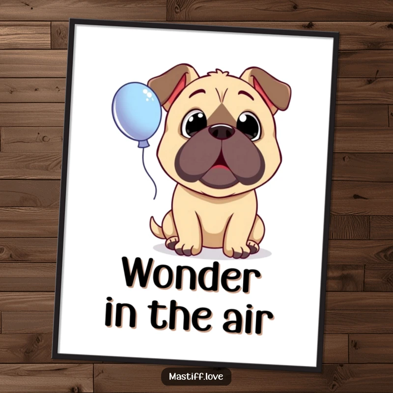 Funny Surprised Mastiff Digital Art Print of a dog with wide, innocent eyes looking up in amazement at a floating balloon.