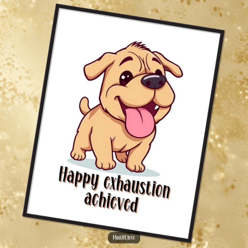 Funny Mastiff digital art print showing a happy dog panting with its tongue lolling out after a run, great wall decor.