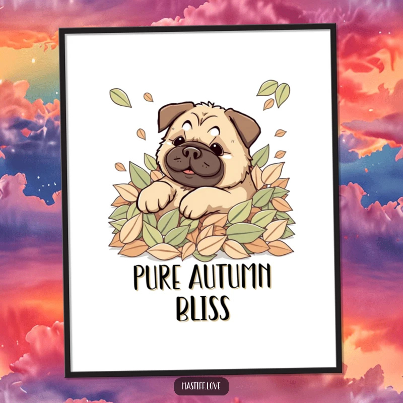 Happy Kawaii Mastiff Digital Art Print of a cute dog joyfully rolling in leaves, for instant autumn decor.