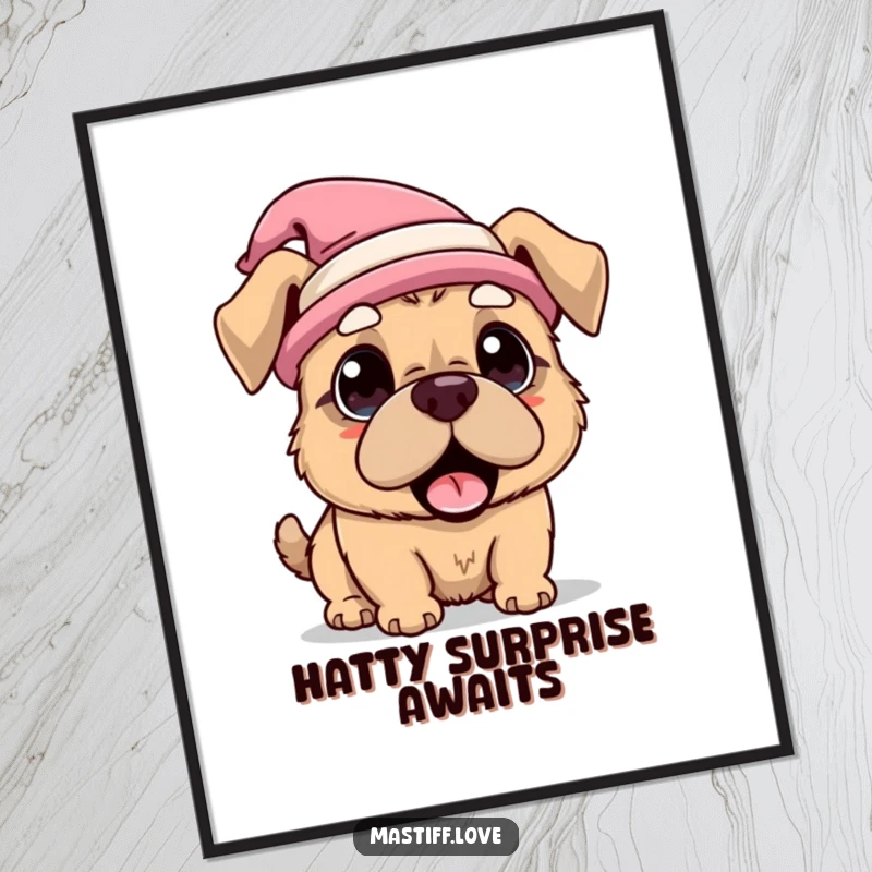 Funny Digital Art Print of a kawaii mastiff dog wearing a funny hat and looking comically surprised, capturing a moment of delightful bewilderment.