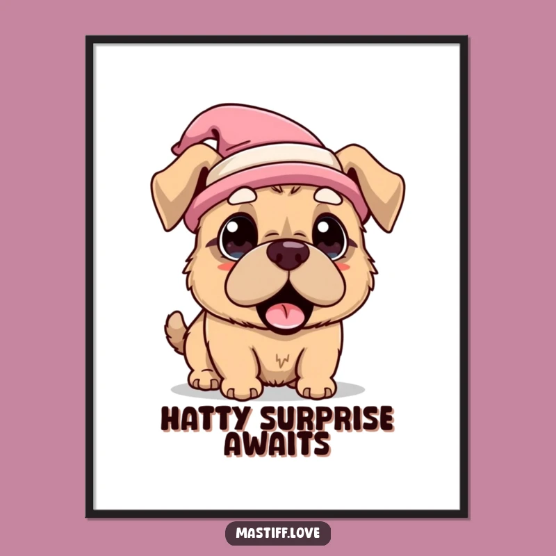 Funny Kawaii Mastiff Hat Surprise Art Print, Whimsical Dog Decor Gift
