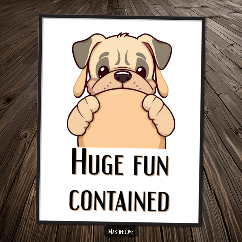 Funny kawaii mastiff dog peeking from behind a giant dog toy, rendered as a high-resolution digital art print.