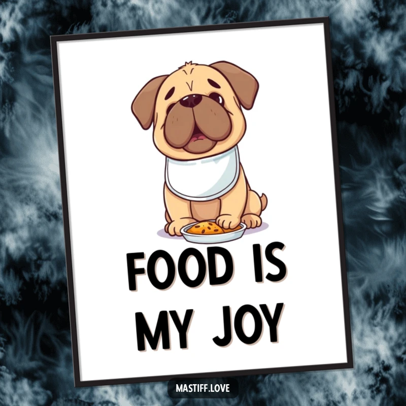 Hungry Kawaii Mastiff Digital Art Print of a cute dog in a tiny bib, looking excitedly at food, for instant decor.