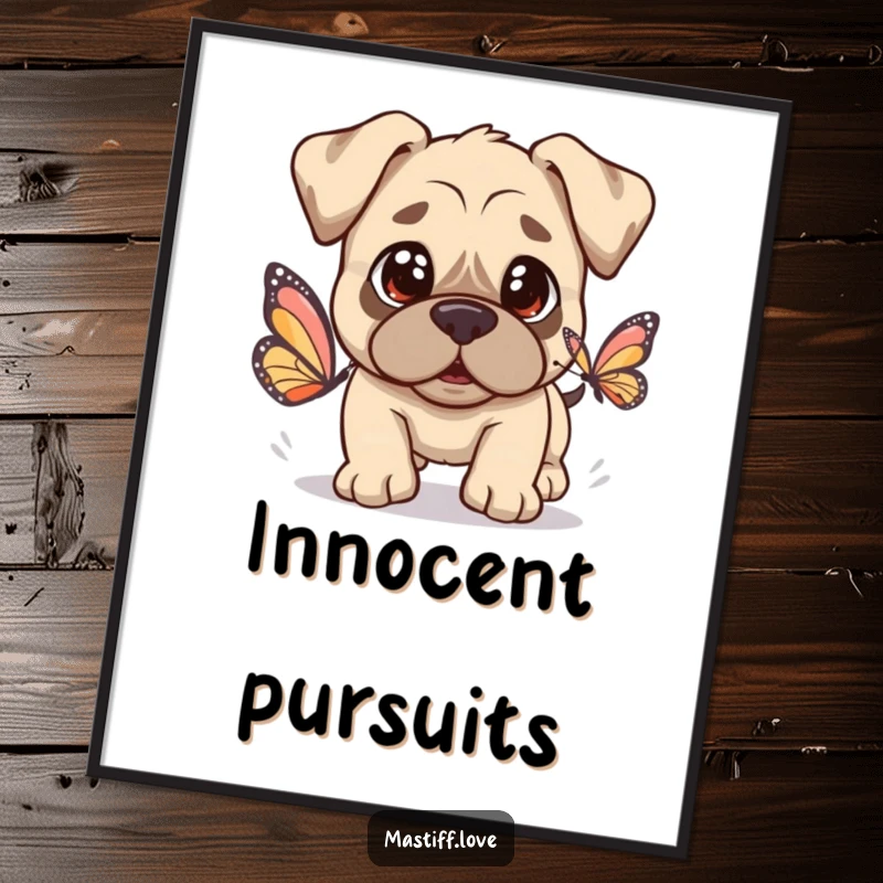 Kawaii Mastiff Butterfly Digital Art Print of a cute dog with innocent eyes chasing a butterfly, for instant charm.