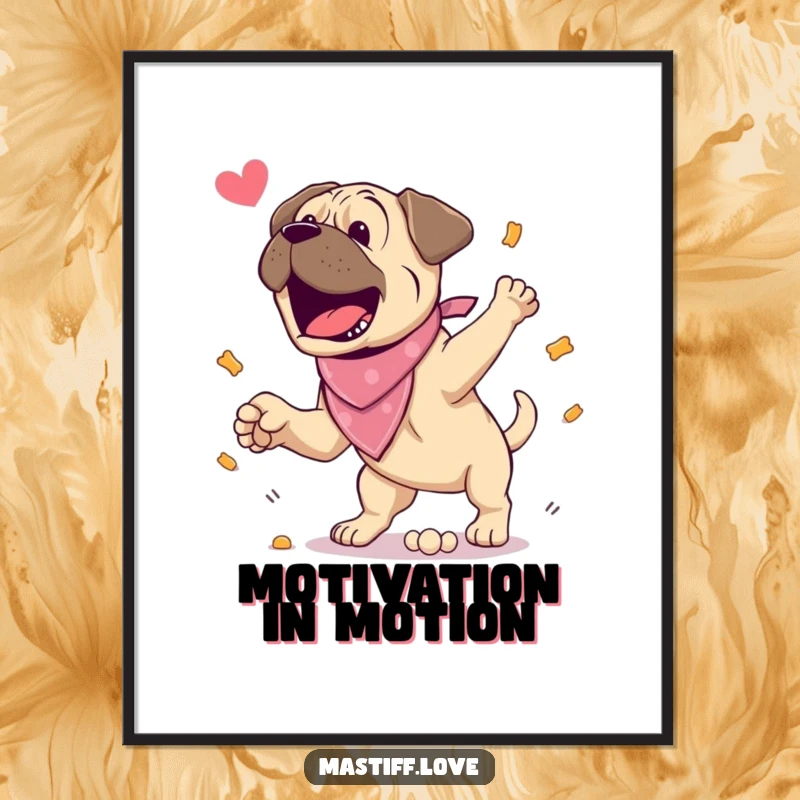 Funny Digital Art: An excited mastiff wears a bandana and jumps for a treat. A downloadable, humorous artwork for dog lovers.