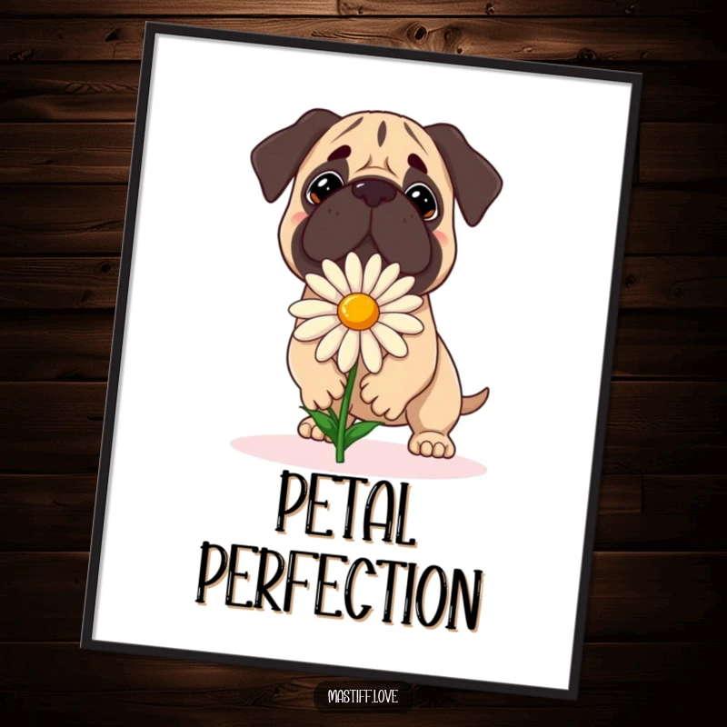 Funny Mastiff Digital Art Print: A dog attempts to balance a large daisy with a focused expression, embodying gentle determination.