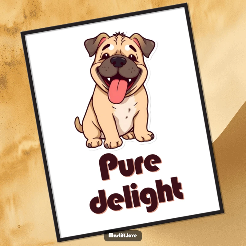 Funny happy mastiff, tongue lolling out, panting with cartoon joy, charming digital art print, perfect funny gift.