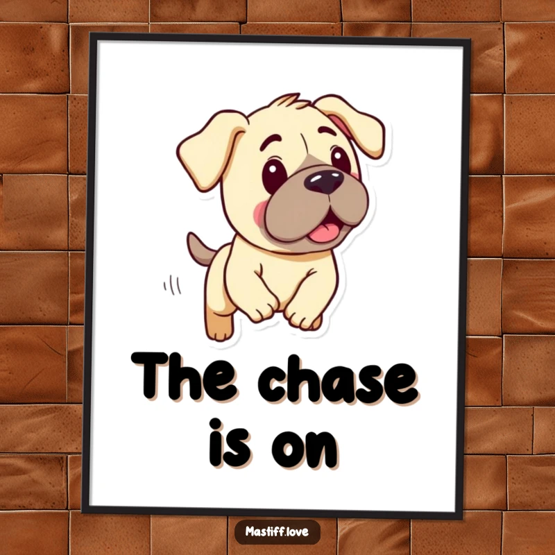 Funny digital art print of a kawaii mastiff with droopy ears, energetically engaged in a humorous, silly chase.