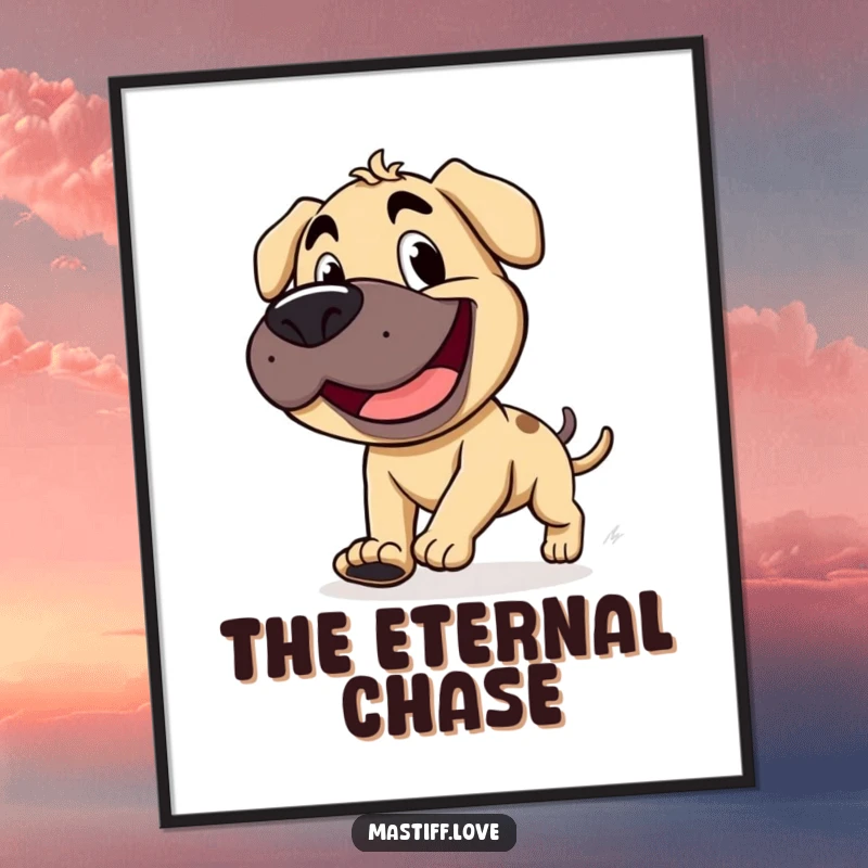 Funny mastiff with a wide, goofy grin, chasing its stubby tail, available as a digital print for instant, silly home decor.