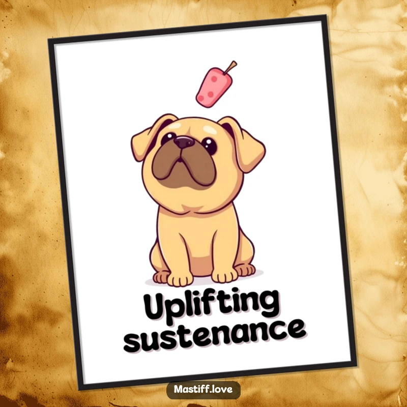 Funny Mastiff Digital Art Print: A dog with floppy ears looks up at a floating treat, embodying sweet anticipation.