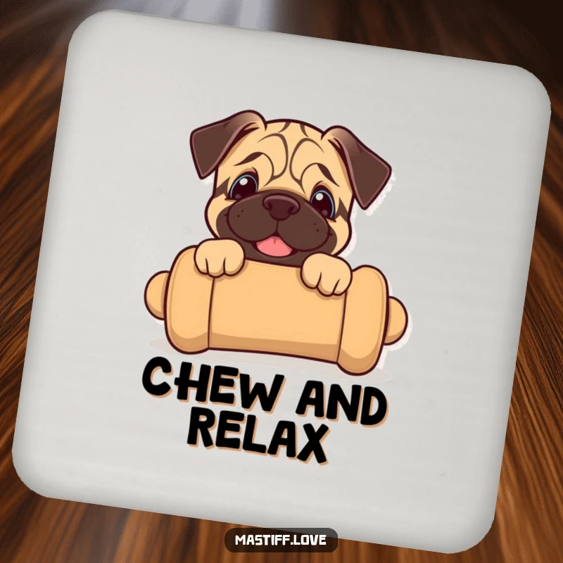 Funny mastiff puppy coaster featuring a joyful puppy peeking from a large chew toy, perfect for protecting surfaces.