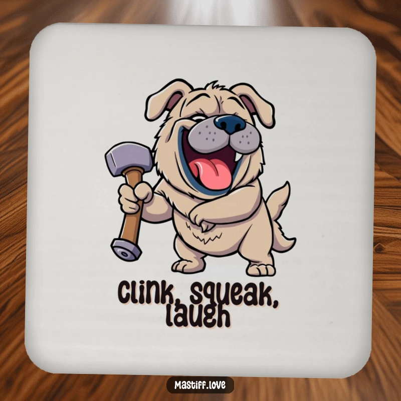 Funny Jovial Mastiff Coaster featuring a happy dog roaring with laughter while holding a giant squeaky hammer with a wide, gleeful grin.