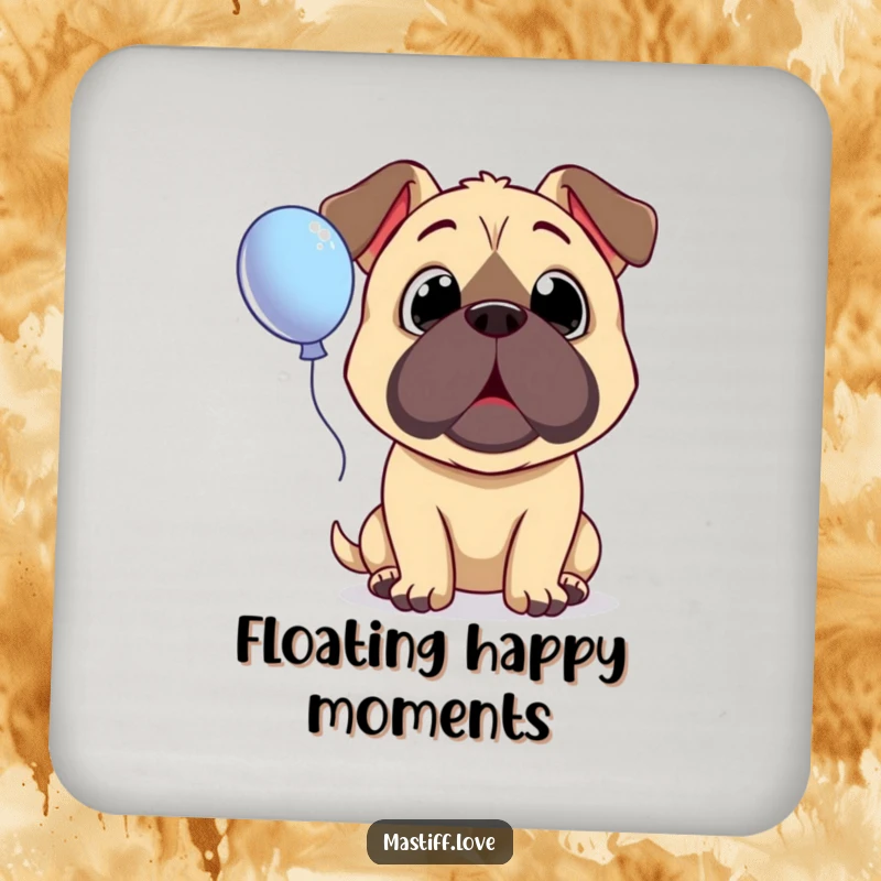Funny Surprised Mastiff Coaster featuring a dog with wide, innocent eyes looking up in amazement at a floating balloon.