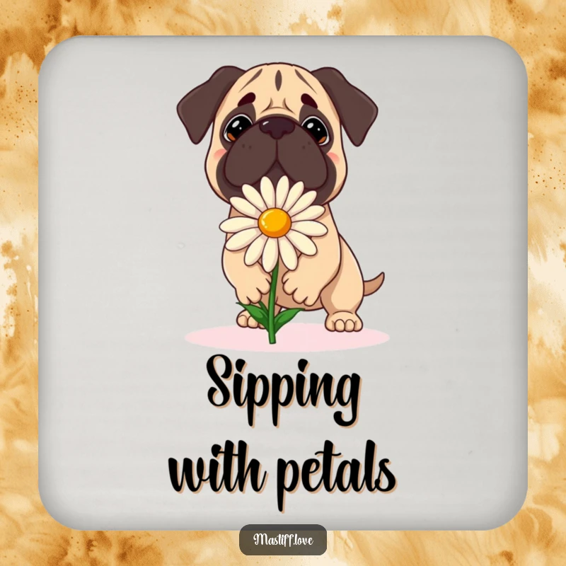 Funny Mastiff Coaster: A dog attempts to balance a large daisy with a focused expression, adding humorous charm.