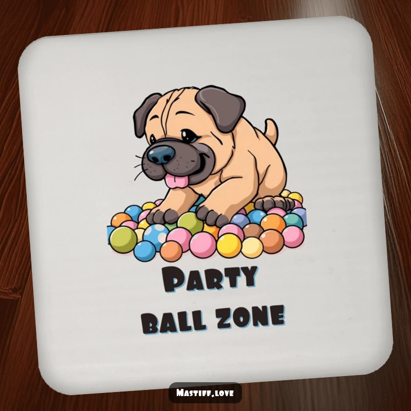Funny Energetic Mastiff Coaster featuring an enthusiastic dog digging joyfully in a pile of colorful balls with a happy face.