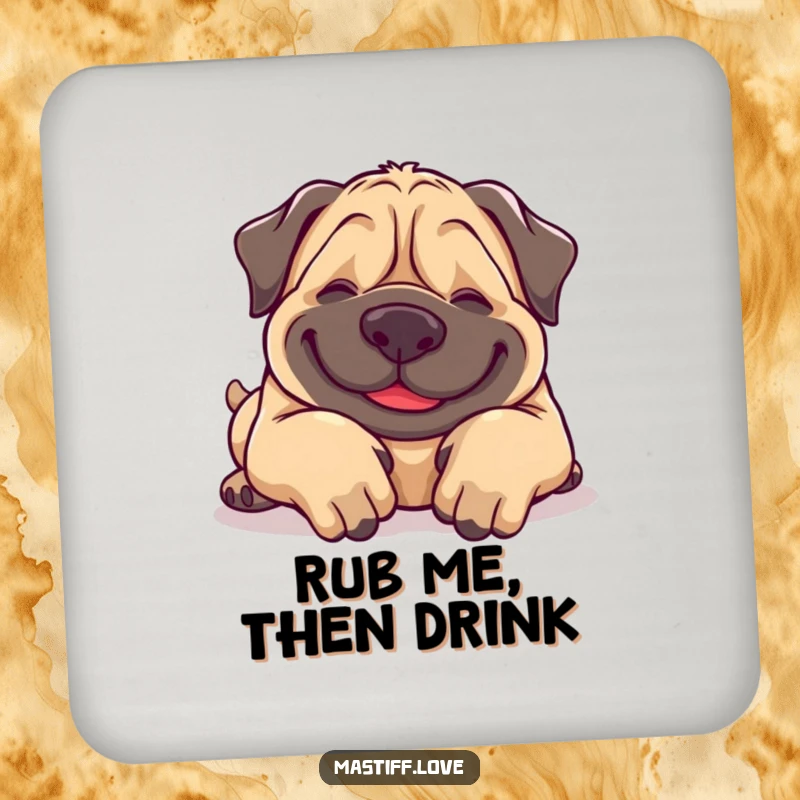Funny Mastiff Coaster: A happy mastiff rolling for belly rubs, protecting your table with a smile.