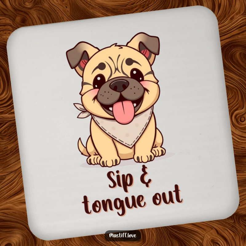 Funny Kawaii Mastiff Coaster: A coaster featuring a happy mastiff wearing a bandana, tongue lolling out.